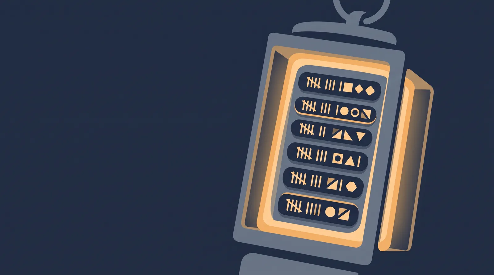 Editorial close-up illustration showing a lantern-style status readout with a neat row of stacked directory rails, each rail marked with an abstract tally.