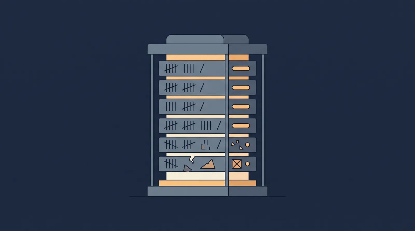 Flat editorial illustration showing a lantern-style status readout with a neat row of stacked directory rails, each rail marked with an abstract tally.