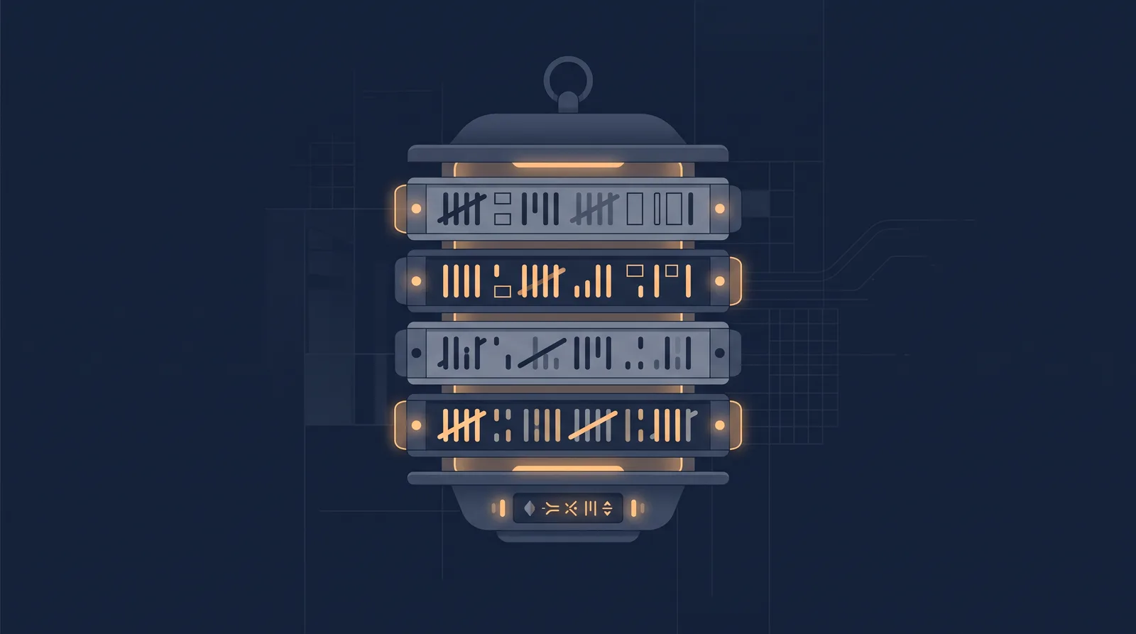 Flat editorial illustration showing a lantern-style status readout with a neat row of stacked directory rails, each rail marked with an abstract tally.