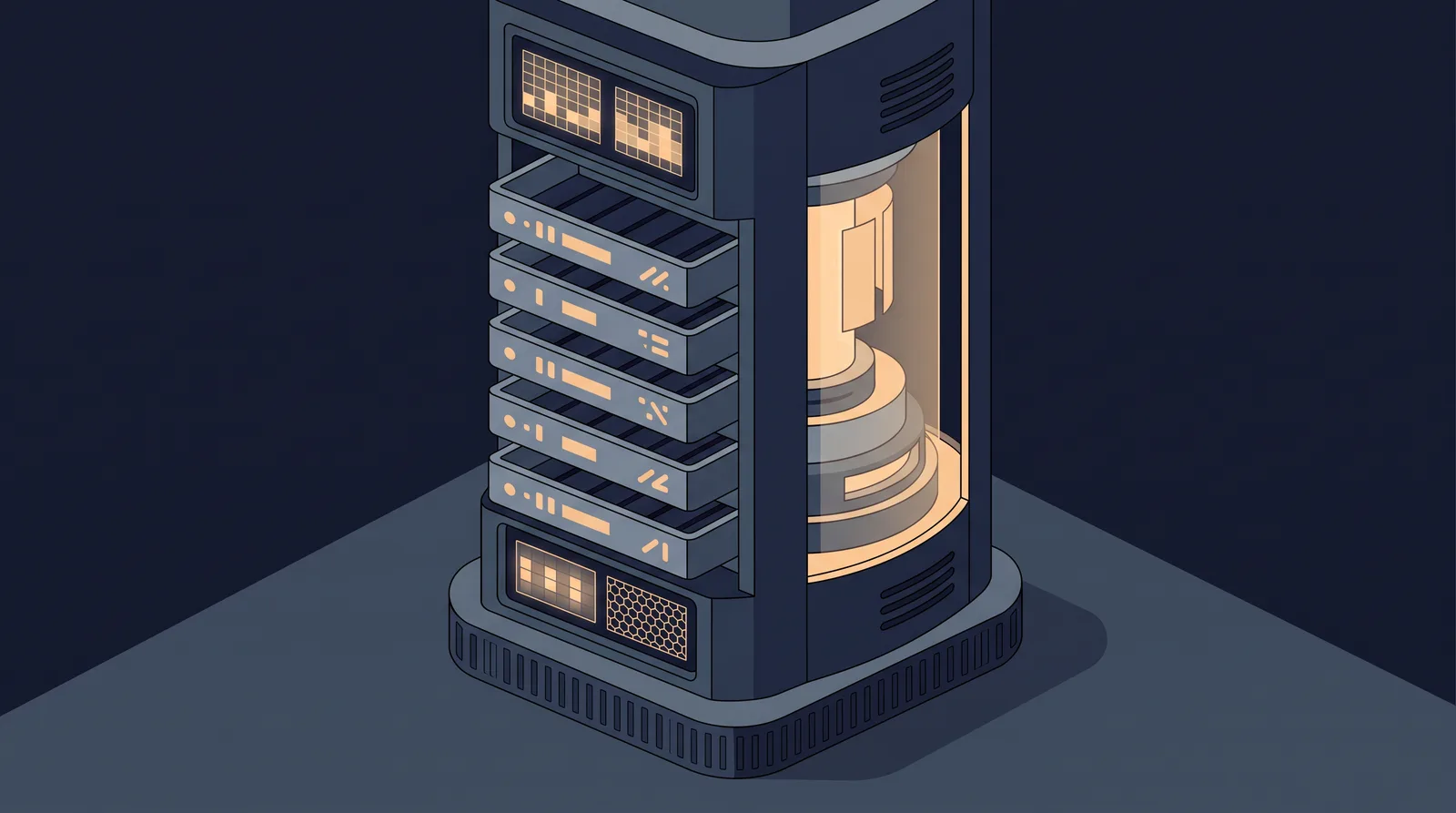 Editorial close-up illustration showing a lantern-style status readout with a neat row of stacked directory rails, each rail marked with an abstract tally.