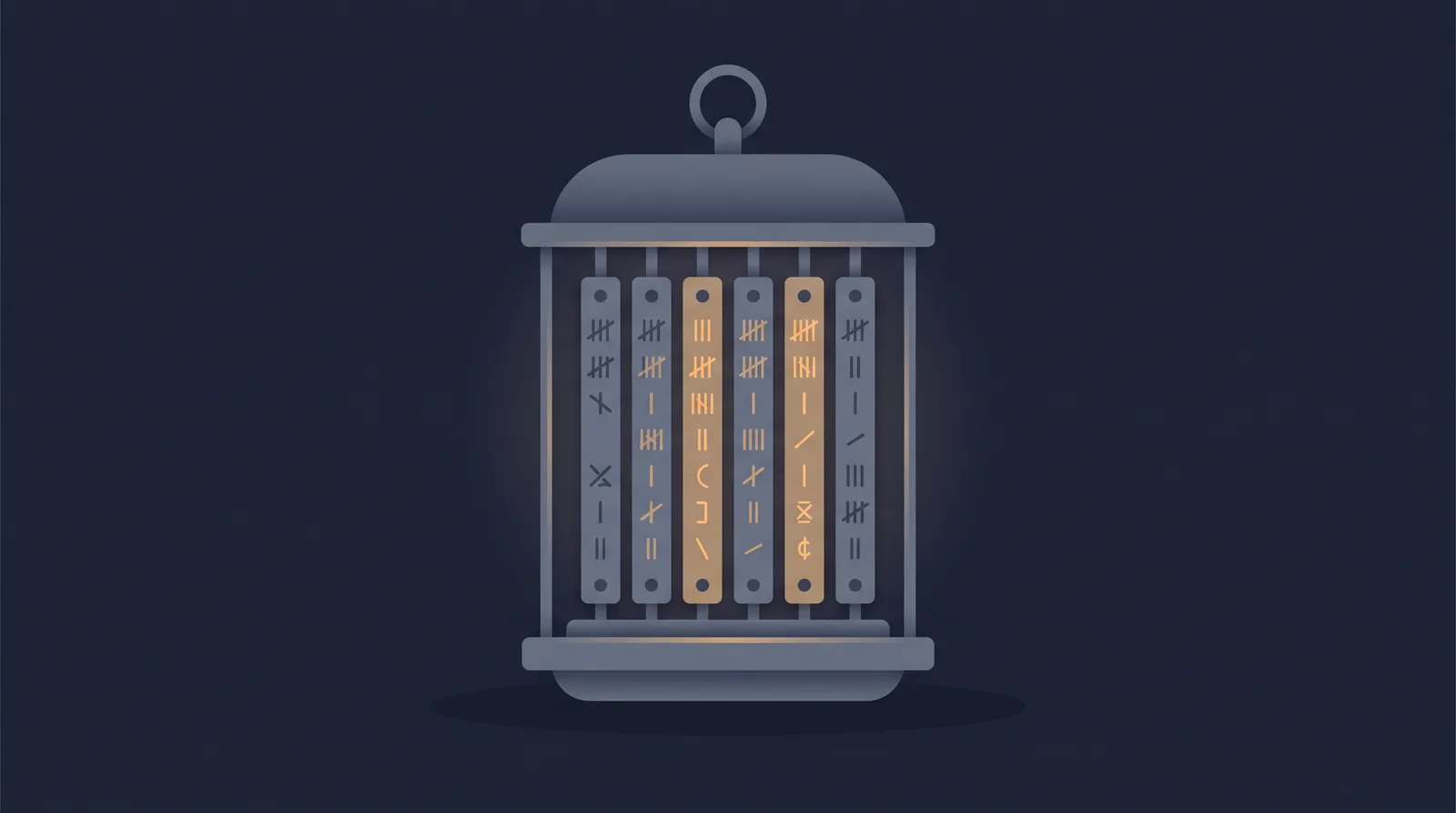 Flat editorial illustration showing a lantern-style status readout with a neat row of stacked directory rails, each rail marked with an abstract tally.