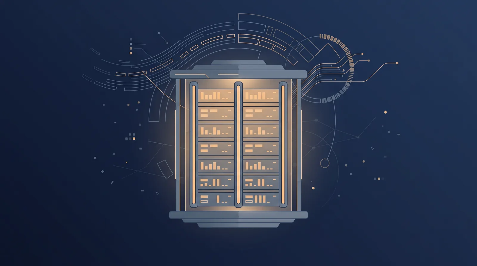 Flat editorial illustration showing a lantern-style status readout with a neat row of stacked directory rails, each rail marked with an abstract tally.