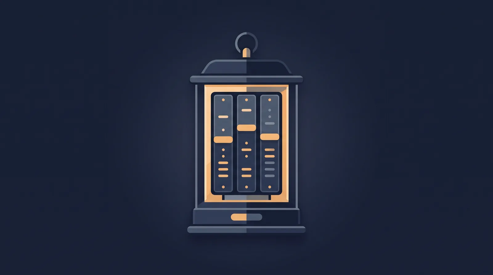 Flat editorial illustration showing a lantern-style status readout with a neat row of stacked directory rails, each rail marked with an abstract tally.