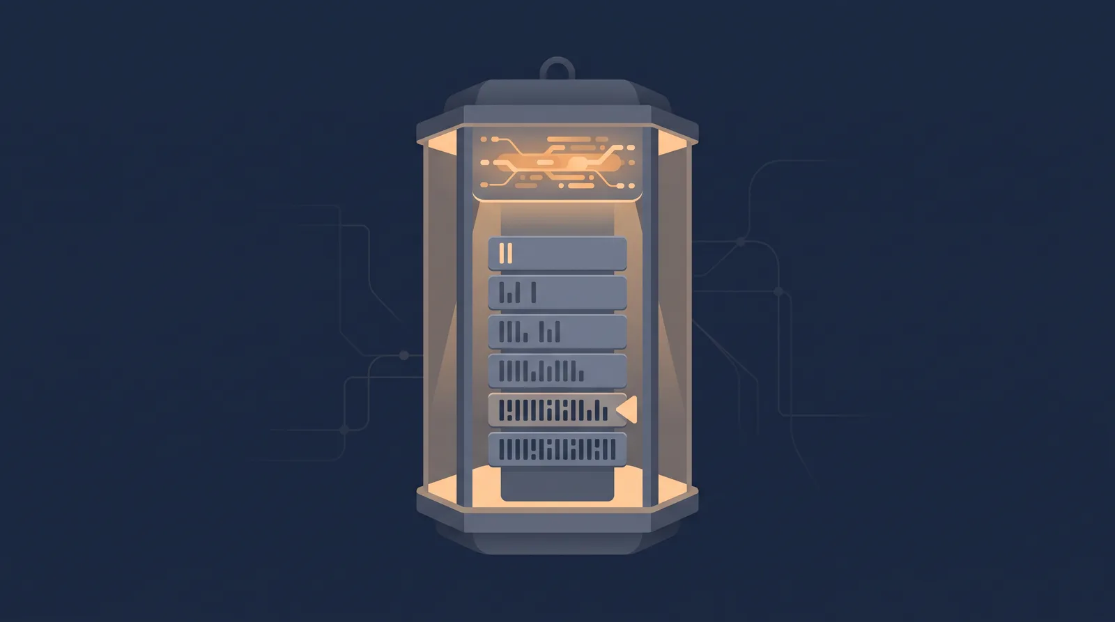 Flat editorial illustration showing a lantern-style status readout with a neat row of stacked directory rails, each rail marked with an abstract tally.