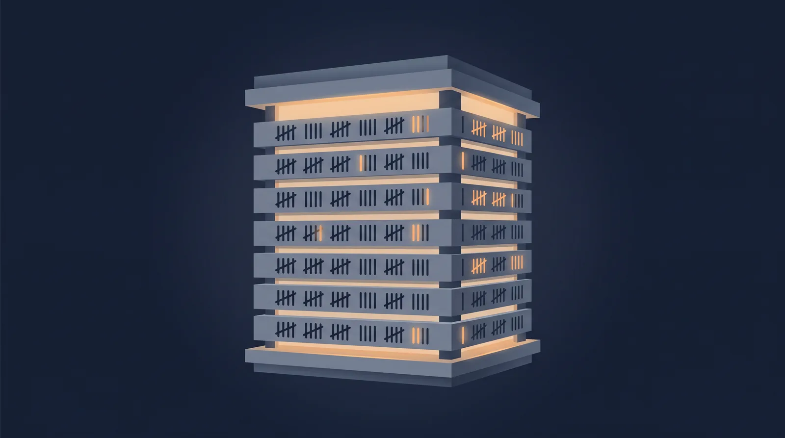 Editorial close-up illustration showing a lantern-style status readout with a neat row of stacked directory rails, each rail marked with an abstract tally.