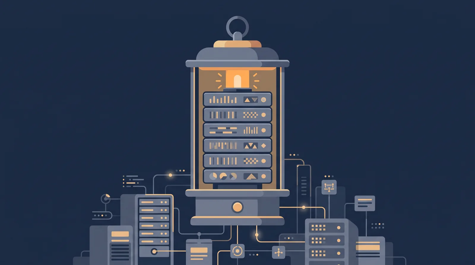 Flat editorial illustration showing a lantern-style status readout with a neat row of stacked directory rails, each rail marked with an abstract tally.