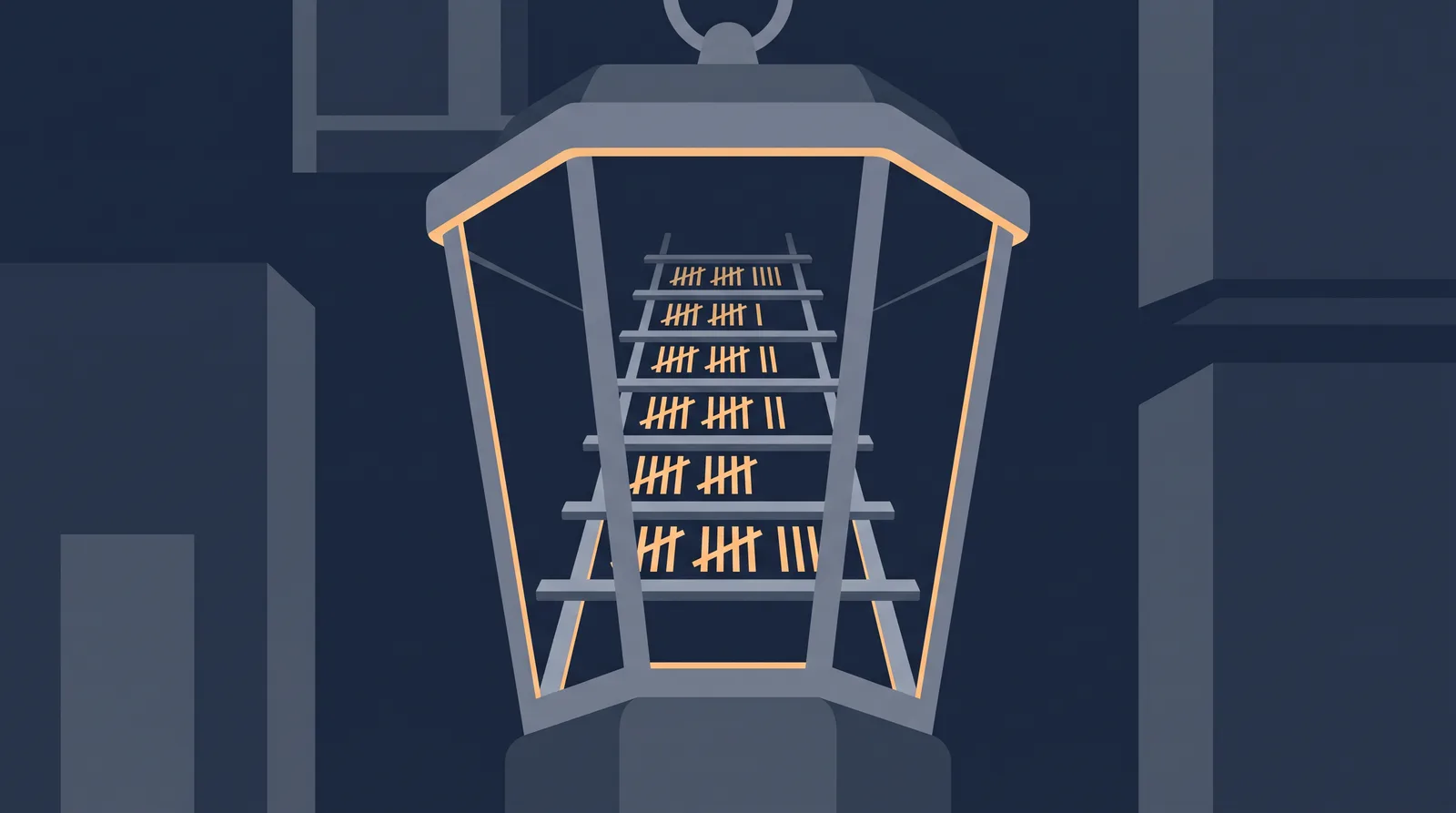 Editorial close-up illustration showing a lantern-style status readout with a neat row of stacked directory rails, each rail marked with an abstract tally.