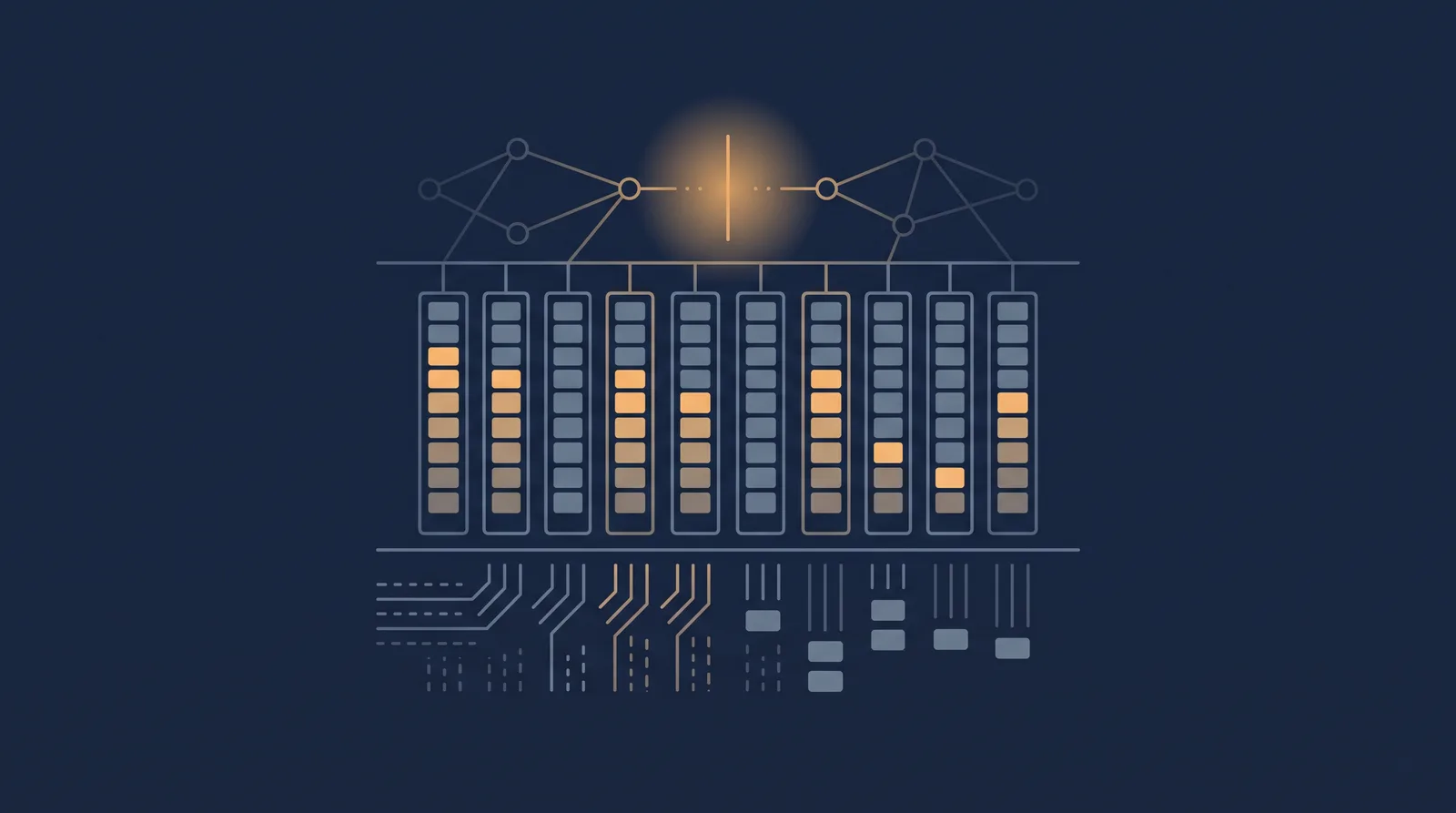 Flat editorial illustration showing a lantern-style status readout with a neat row of stacked directory rails, each rail marked with an abstract tally.