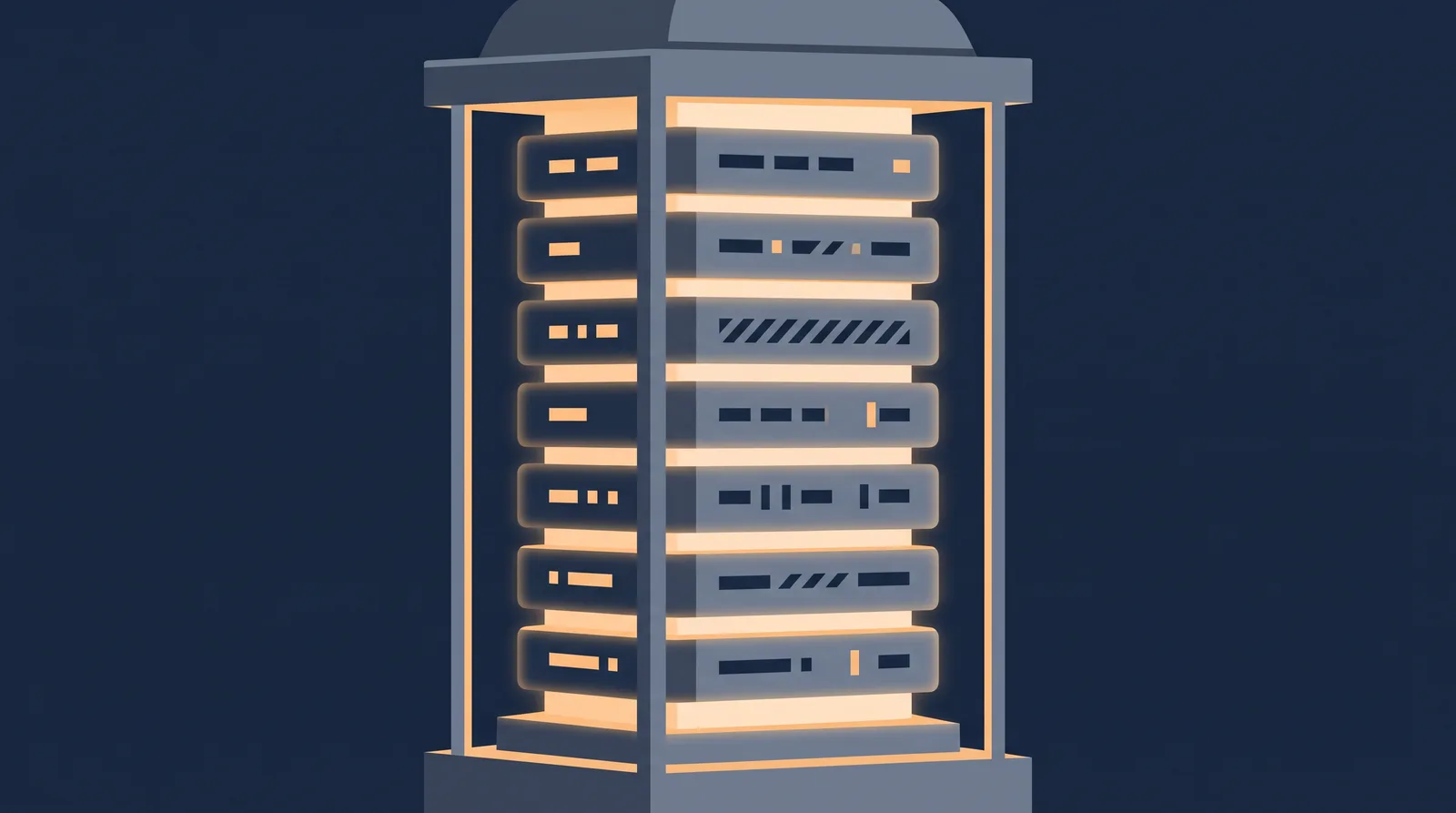Editorial close-up illustration showing a lantern-style status readout with a neat row of stacked directory rails, each rail marked with an abstract tally.