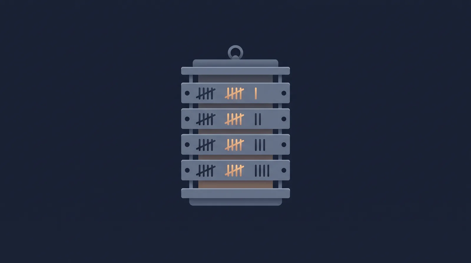 Flat editorial illustration showing a lantern-style status readout with a neat row of stacked directory rails, each rail marked with an abstract tally.