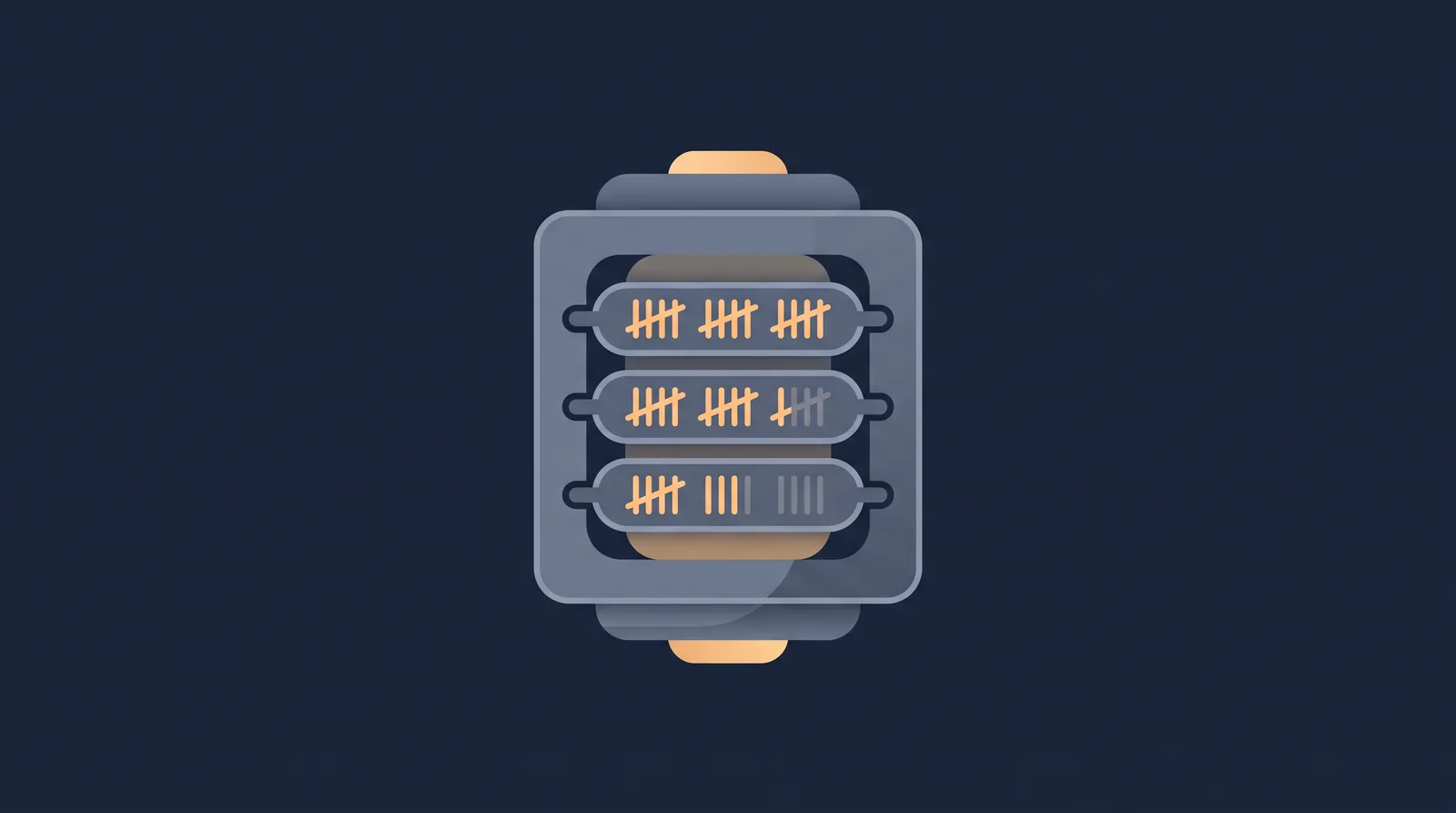 Editorial close-up illustration showing a lantern-style status readout with a neat row of stacked directory rails, each rail marked with an abstract tally.