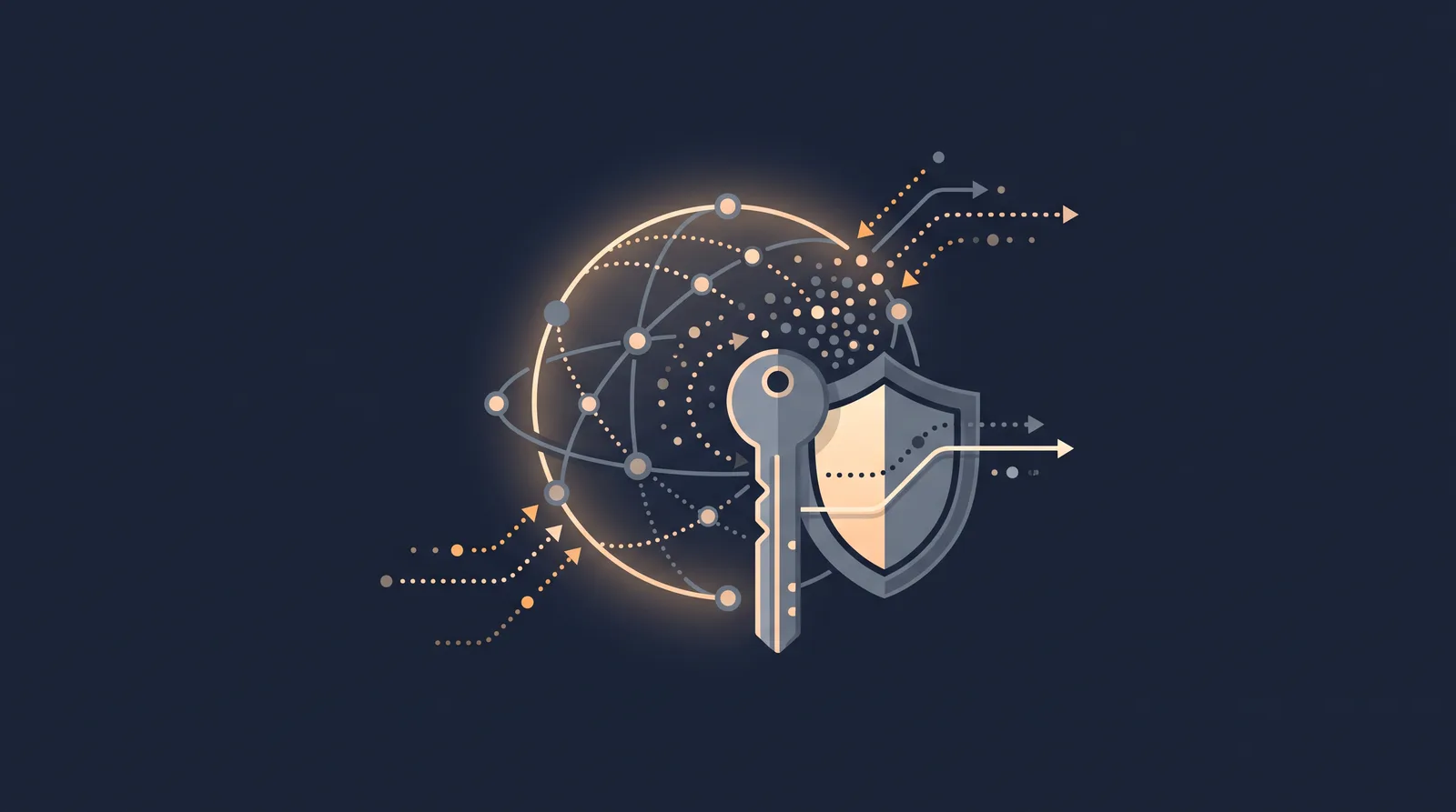 Flat editorial illustration showing a globe of orbiting nodes resolving into a key and shield form, dotted resolution paths converging.