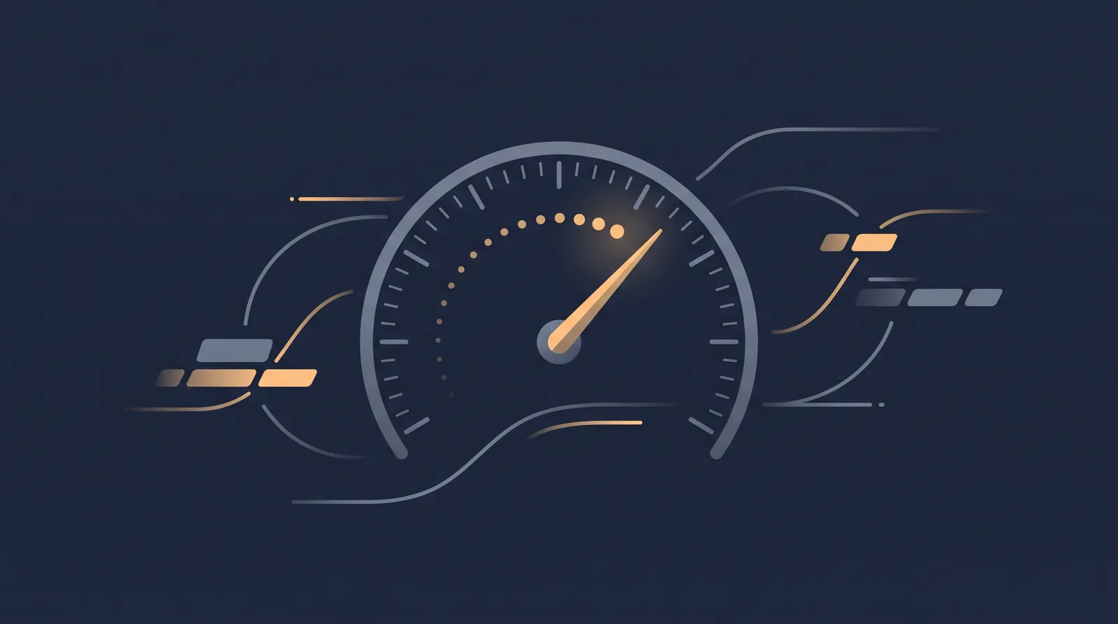 Flat editorial illustration showing a speedometer gauge with a rising needle, clean tick marks and small trailing dots.