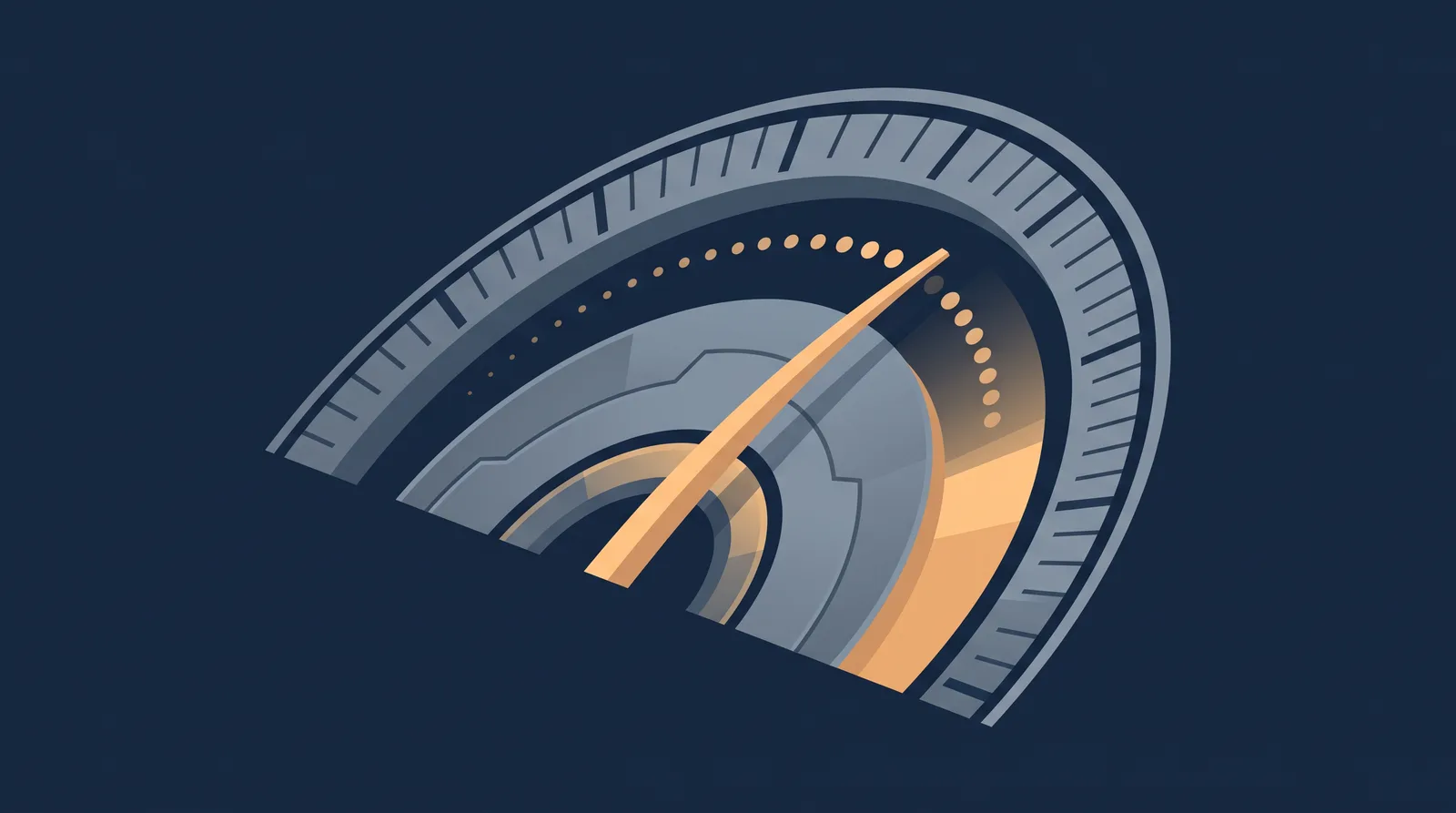 Editorial close-up illustration showing a speedometer gauge with a resting needle, clean tick marks and small trailing dots.