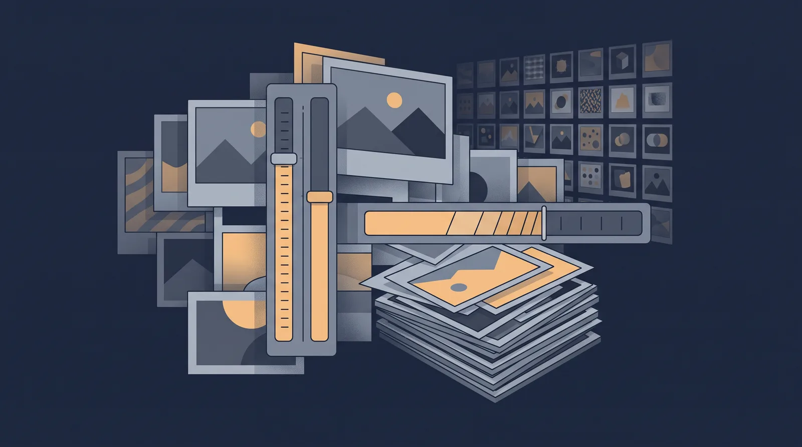 Flat editorial illustration showing layered photo frames with a visible file-size meter and a compression bar, grid of thumbnails receding.