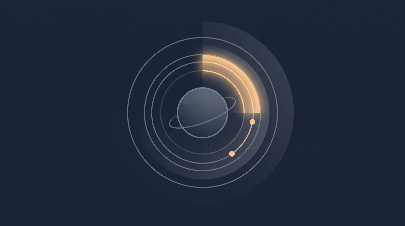 Editorial close-up illustration showing a planetary shield with concentric orbit rings, one radial segment glowing as a small request dot settles.