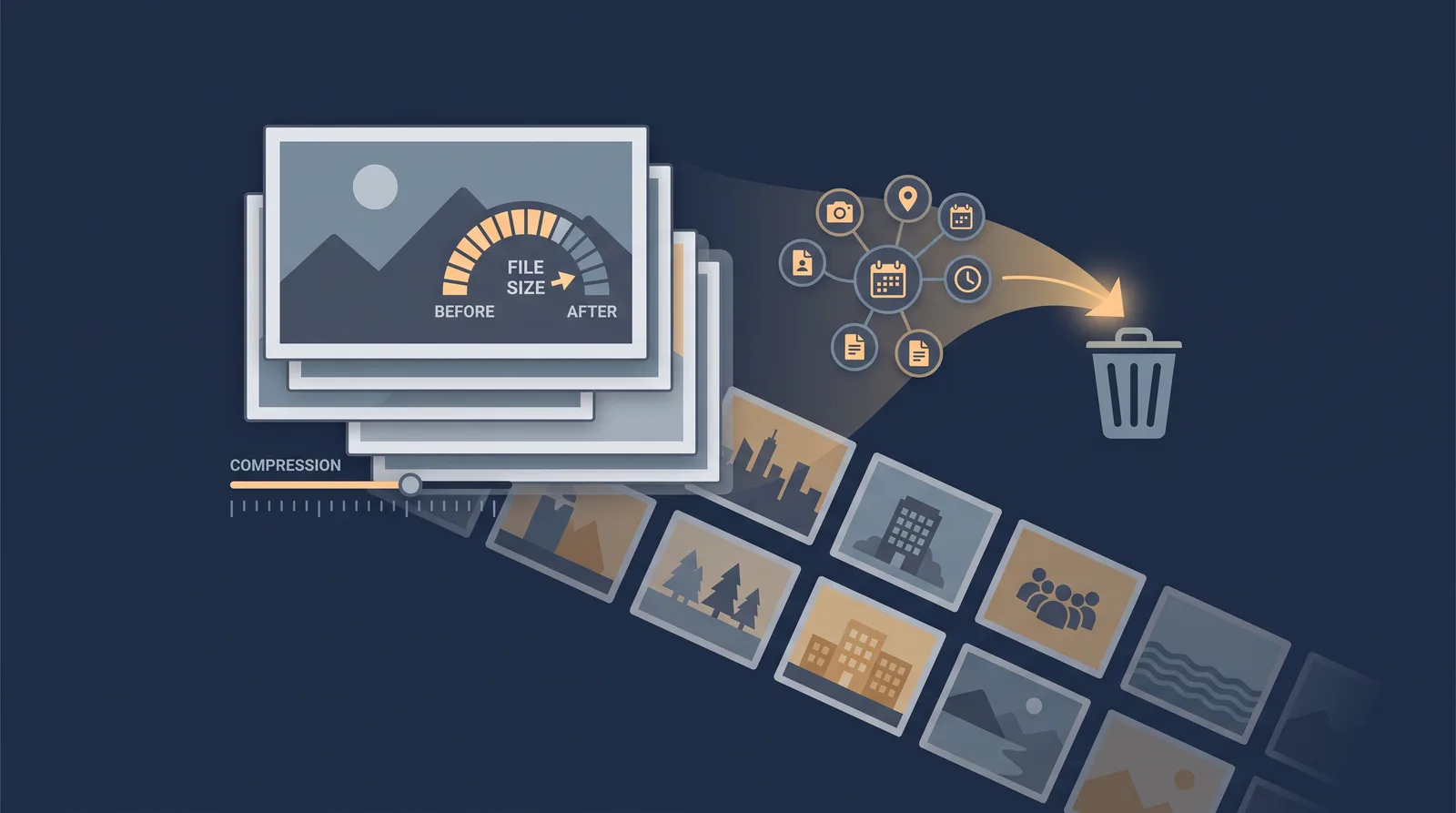 Flat editorial illustration showing layered photo frames with a visible file-size meter and a compression bar, grid of thumbnails receding.