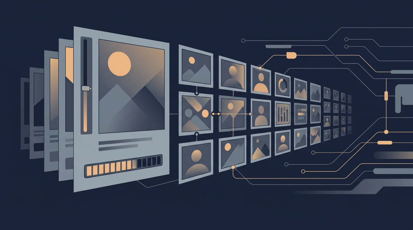 Flat editorial illustration showing layered photo frames with a visible file-size meter and a compression bar, grid of thumbnails receding.