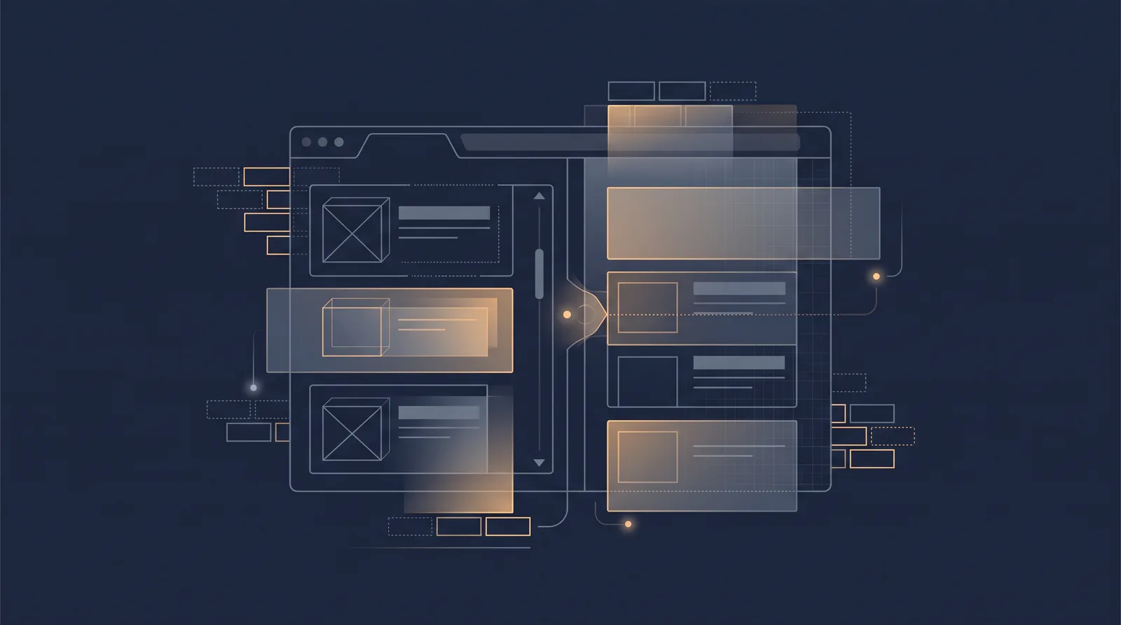Flat editorial illustration showing wireframe bricks and translucent layer panels assembling into a small browser window outline with dual panes.