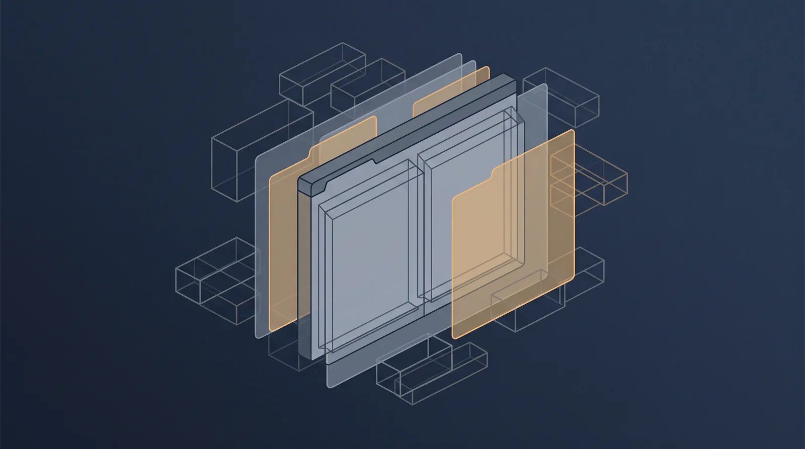 Editorial close-up illustration showing wireframe bricks and translucent layer panels assembling into a small browser window outline with dual panes.