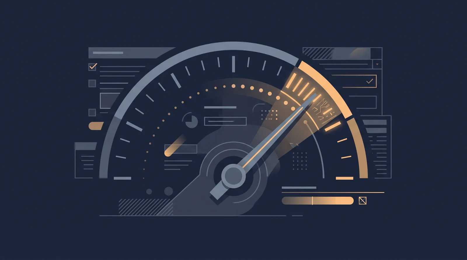 Flat editorial illustration showing a speedometer gauge with a rising needle, clean tick marks and small trailing dots.