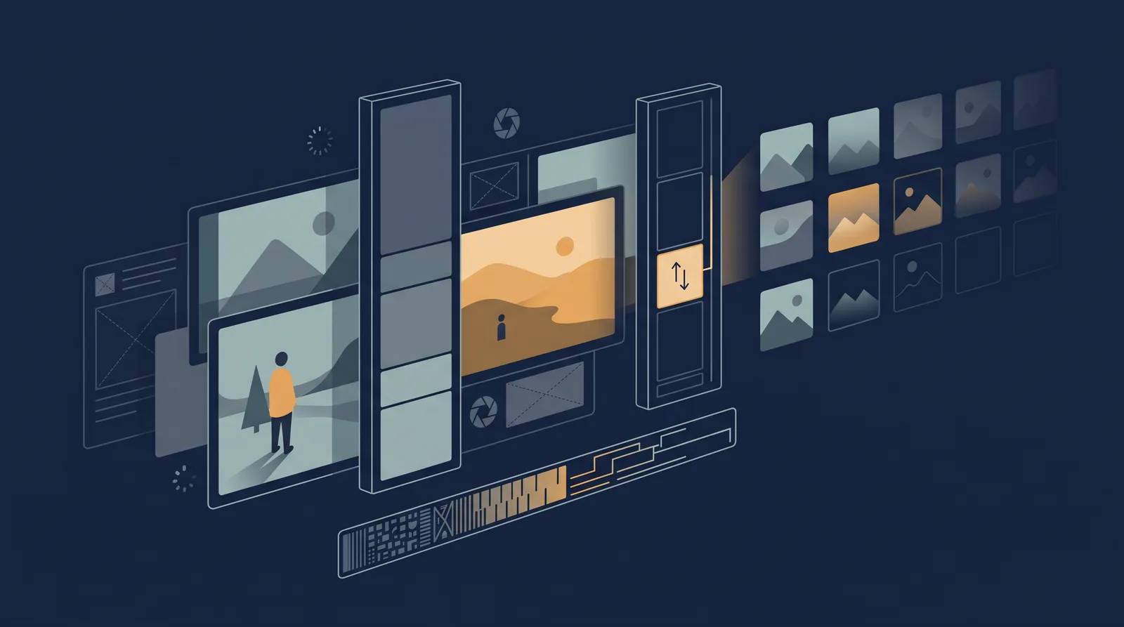 Flat editorial illustration showing layered photo frames with a visible file-size meter and a compression bar, grid of thumbnails receding.
