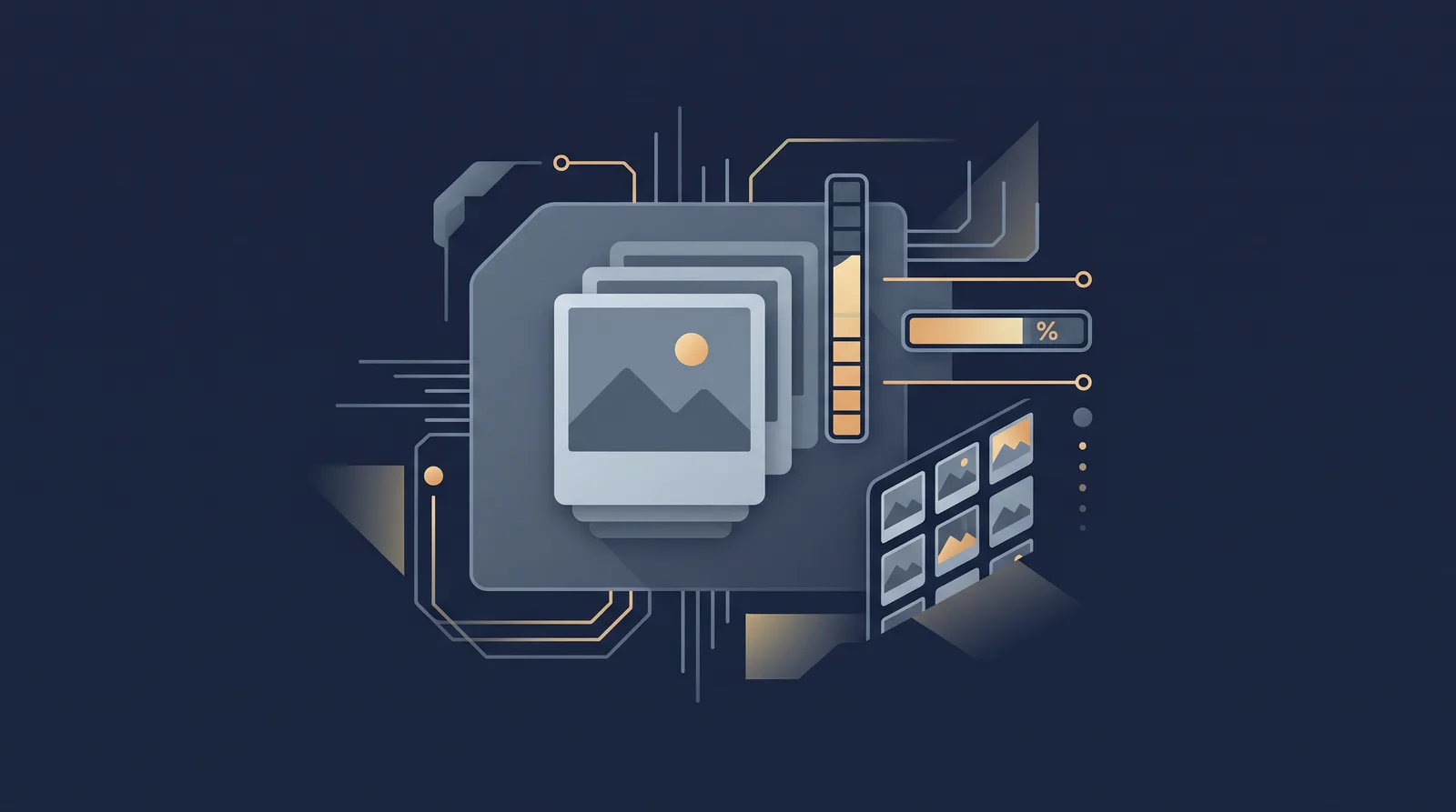 Editorial close-up illustration showing layered photo frames with a visible file-size meter and a compression bar, grid of thumbnails receding.
