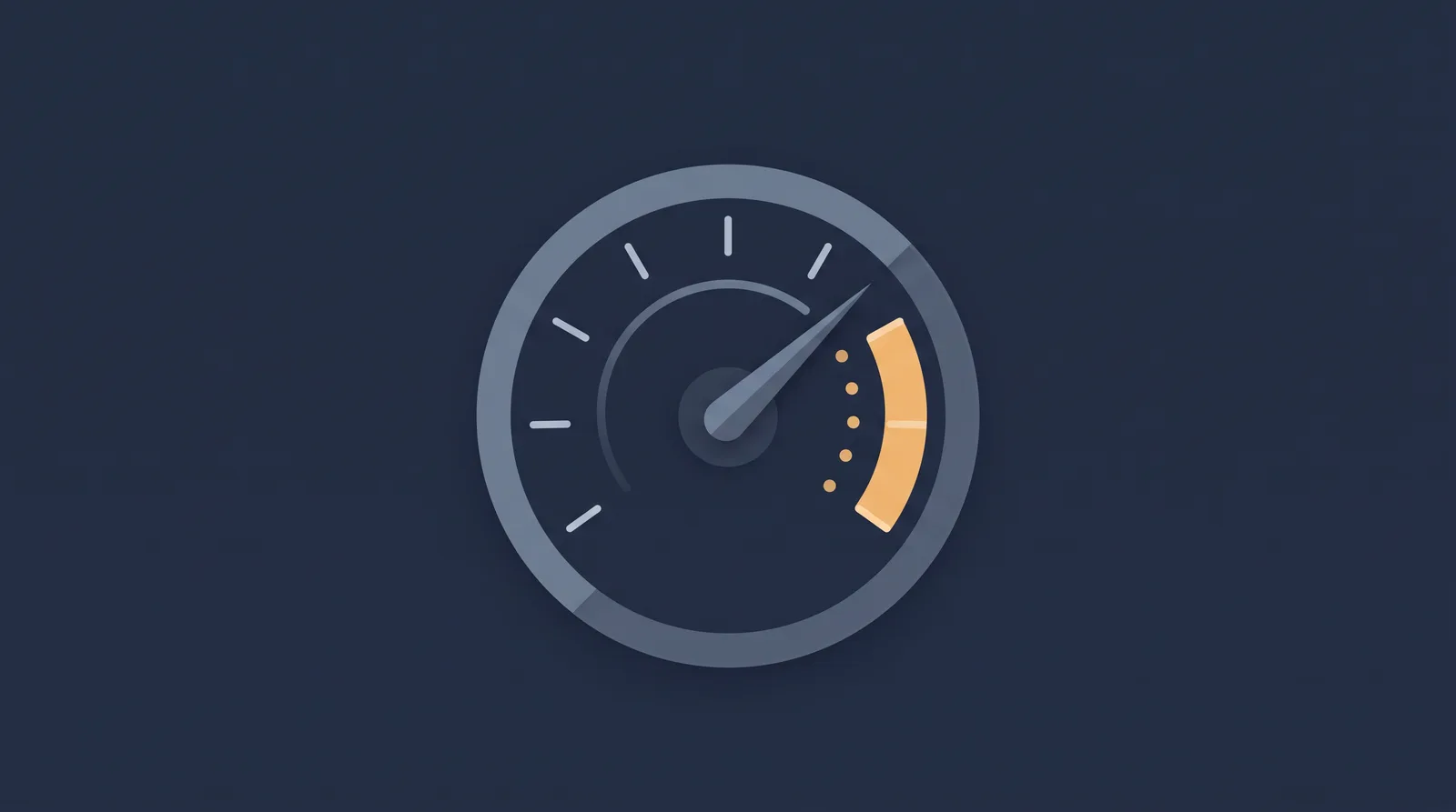 Flat editorial illustration showing a speedometer gauge with a rising needle, clean tick marks and small trailing dots.