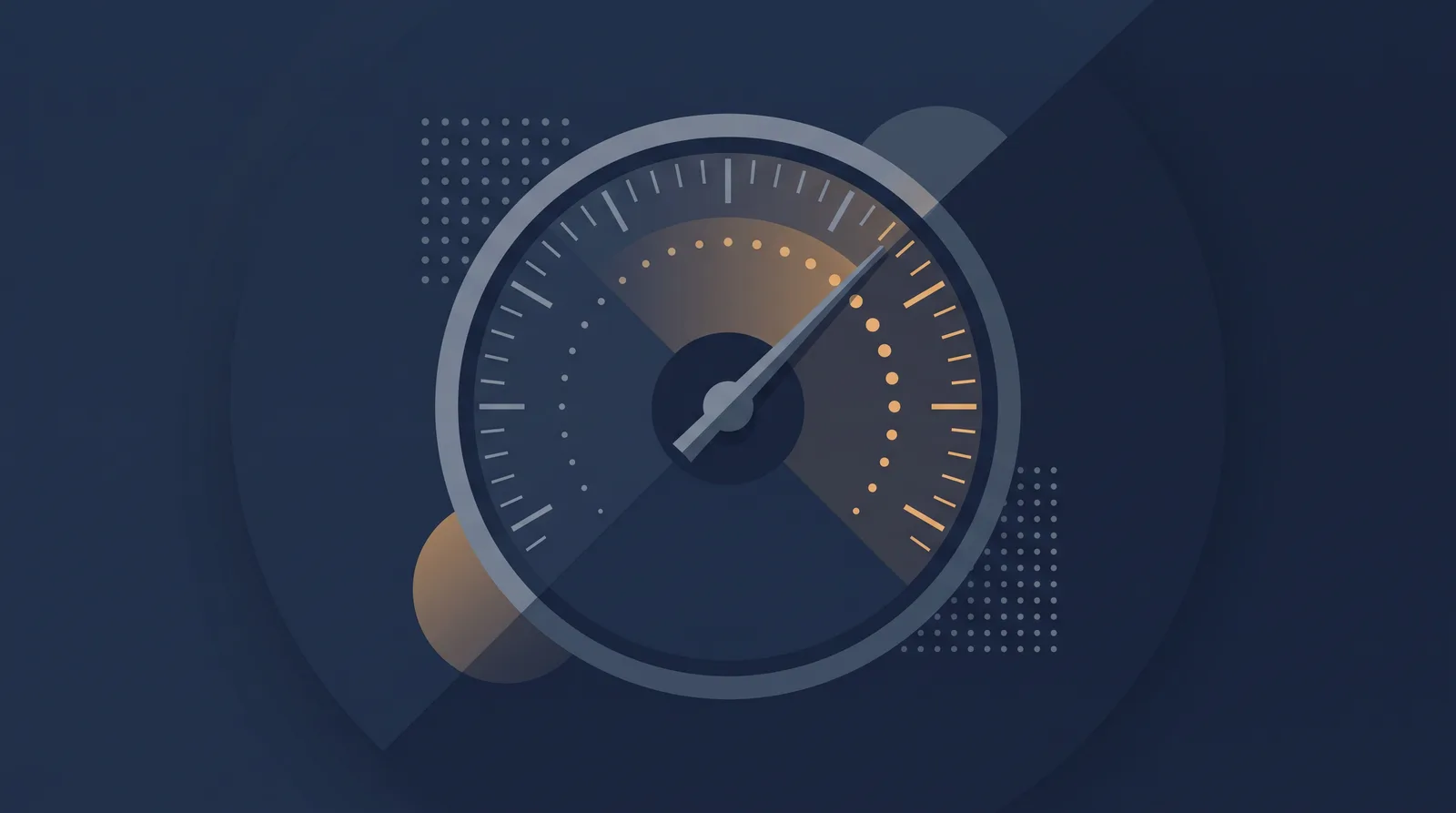Flat editorial illustration showing a speedometer gauge with a rising needle, clean tick marks and small trailing dots.