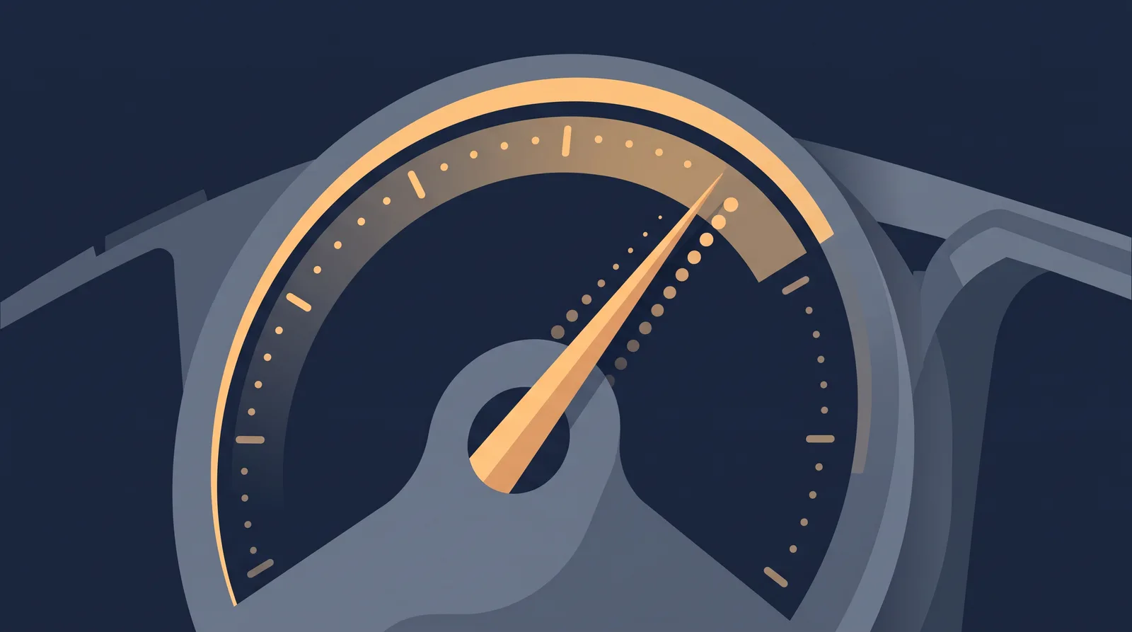 Editorial close-up illustration showing a speedometer gauge with a resting needle, clean tick marks and small trailing dots.