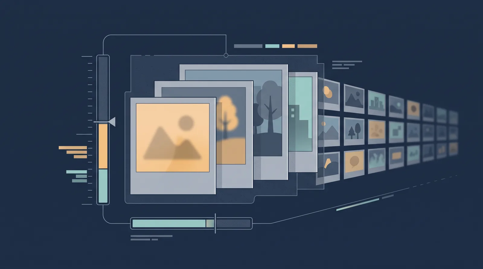 Flat editorial illustration showing layered photo frames with a visible file-size meter and a compression bar, grid of thumbnails receding.