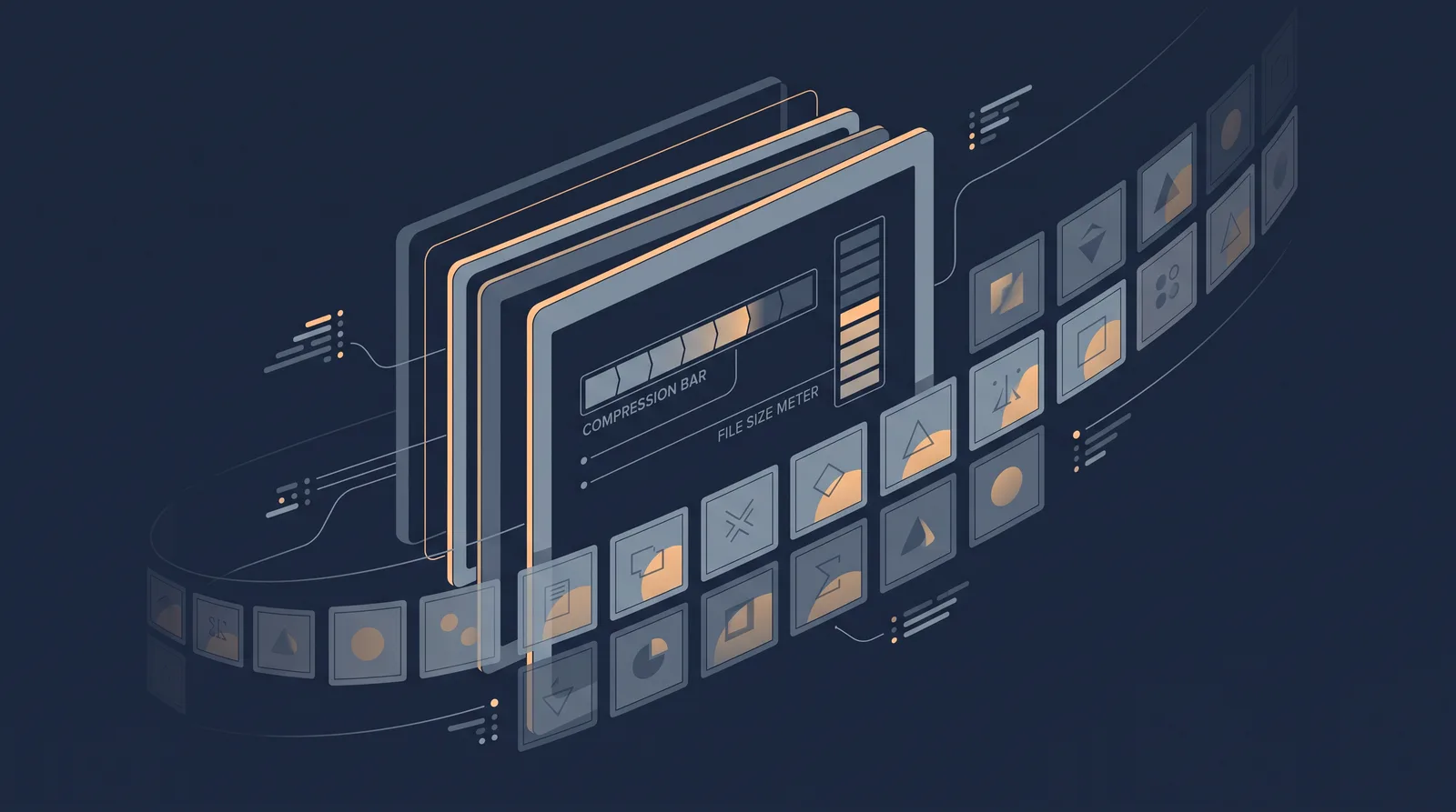 Editorial close-up illustration showing layered photo frames with a visible file-size meter and a compression bar, grid of thumbnails receding.
