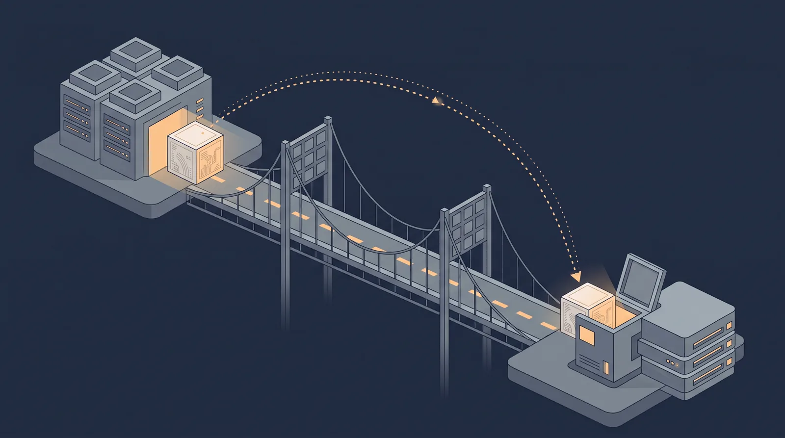 Flat editorial illustration showing two data boxes crossing a bridge with a dotted orbit trail between them, one box accepting the transfer.