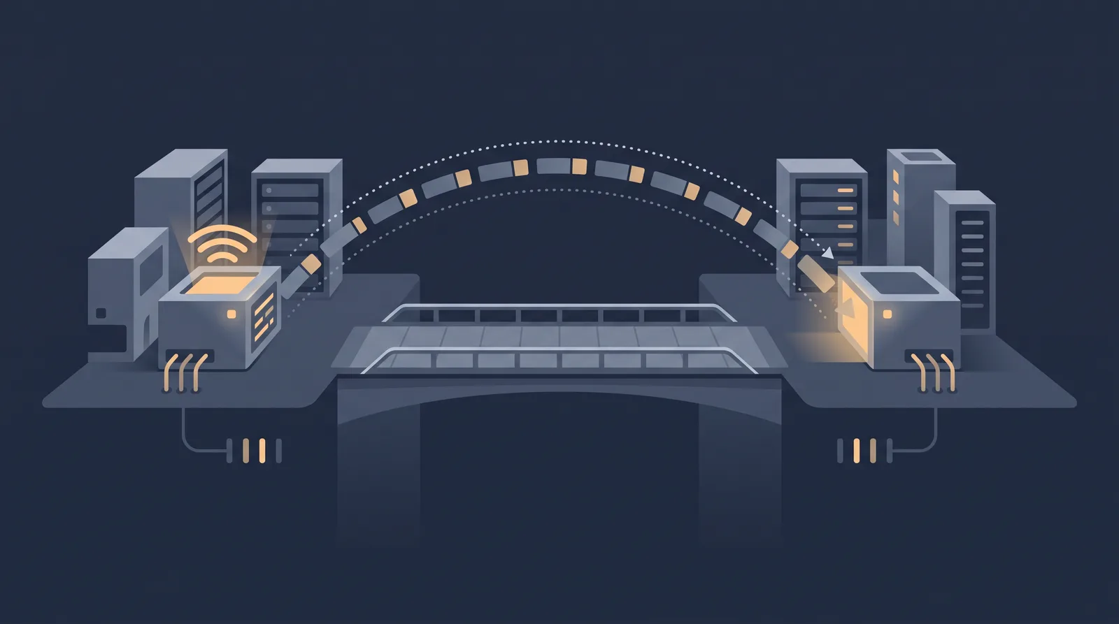 Flat editorial illustration showing two data boxes crossing a bridge with a dotted orbit trail between them, one box accepting the transfer.