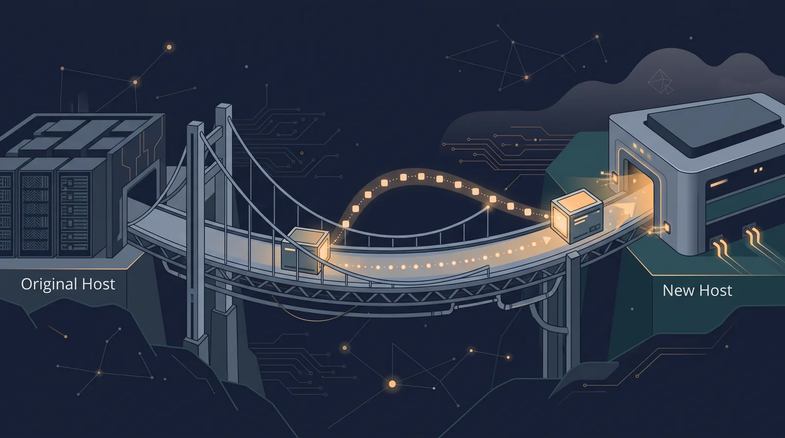 Flat editorial illustration showing two data boxes crossing a bridge with a dotted orbit trail between them, one box accepting the transfer.