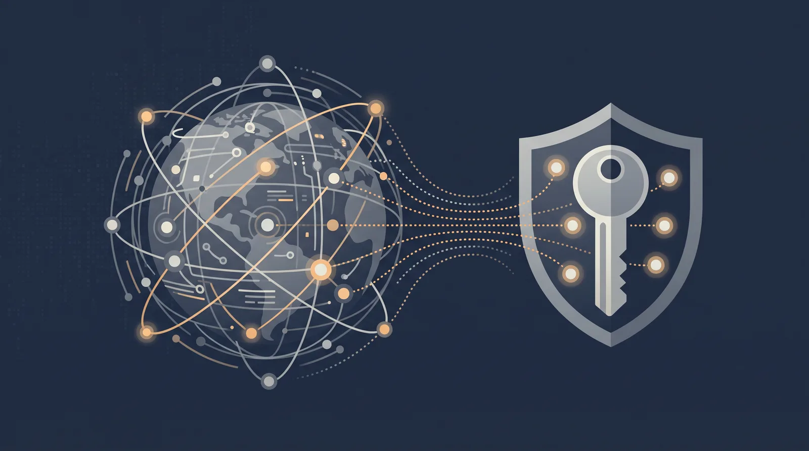 Flat editorial illustration showing a globe of orbiting nodes resolving into a key and shield form, dotted resolution paths converging.