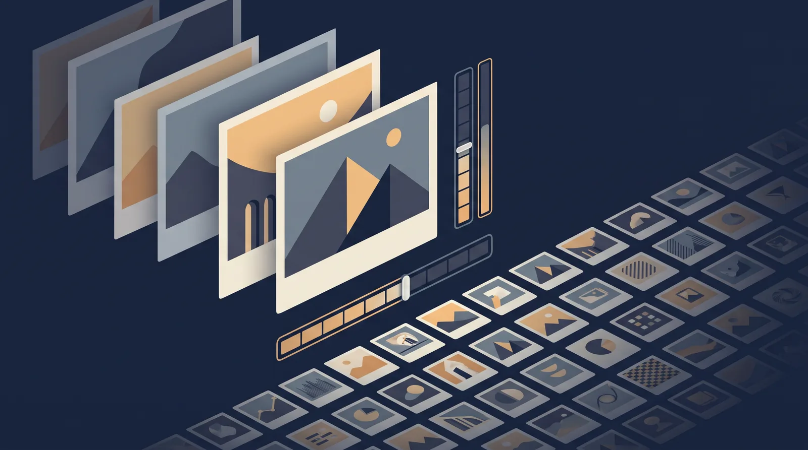Flat editorial illustration showing layered photo frames with a visible file-size meter and a compression bar, grid of thumbnails receding.