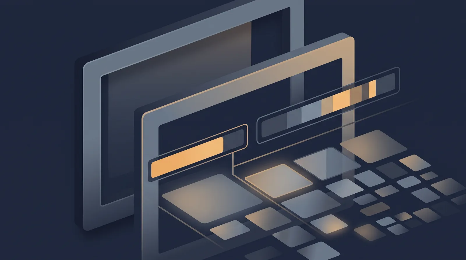 Editorial close-up illustration showing layered photo frames with a visible file-size meter and a compression bar, grid of thumbnails receding.