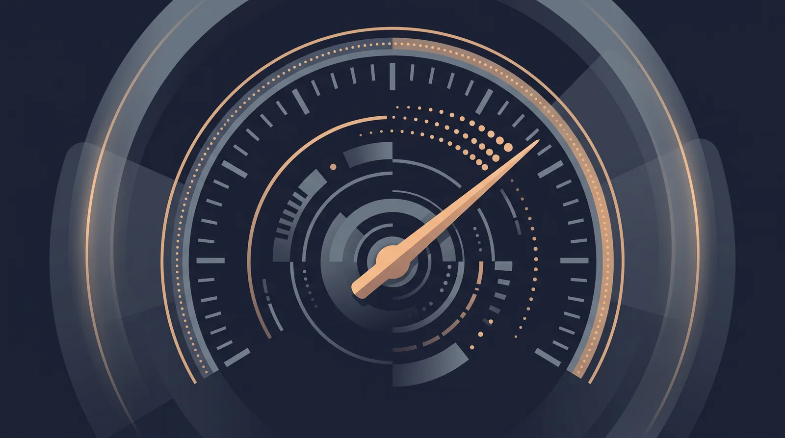Flat editorial illustration showing a speedometer gauge with a rising needle, clean tick marks and small trailing dots.