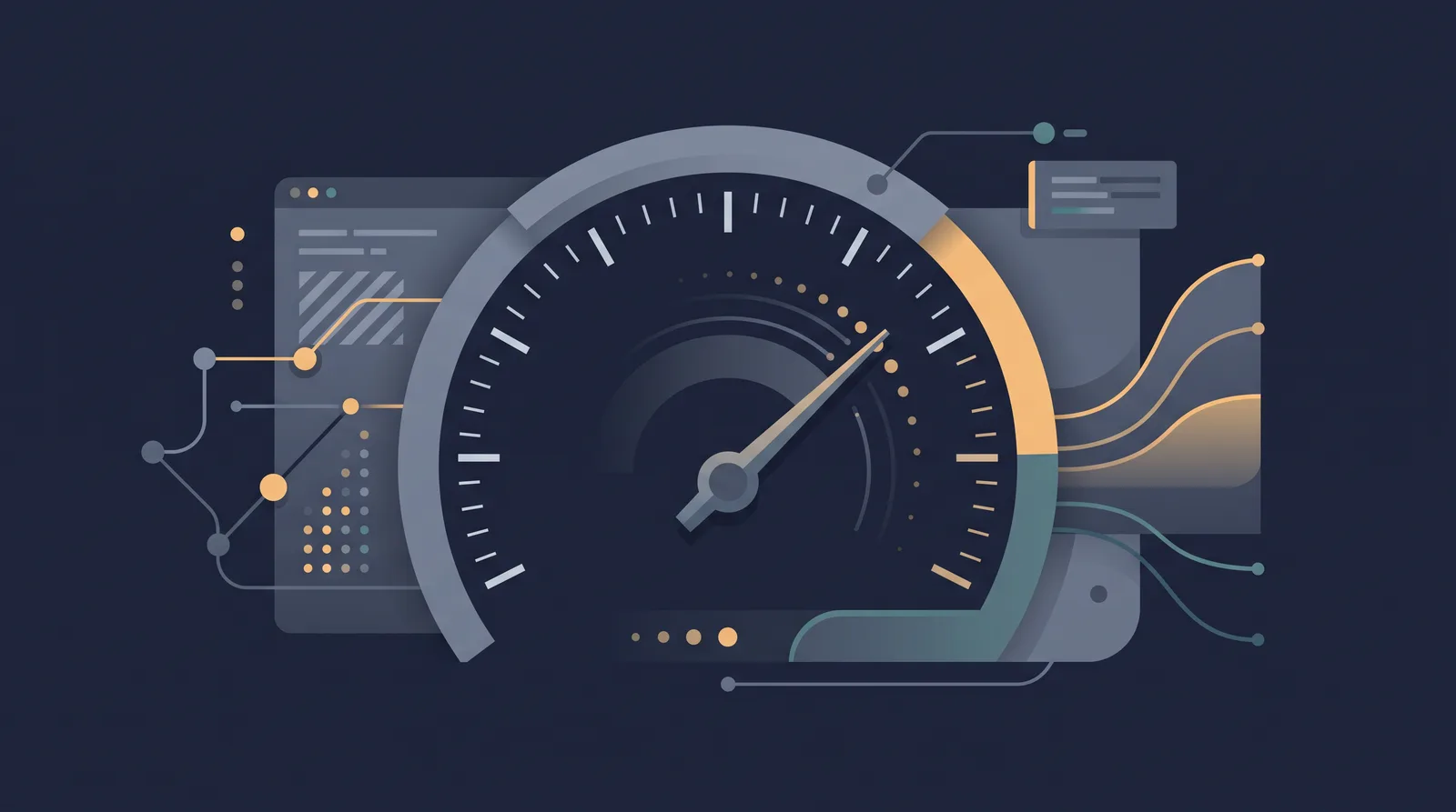 Flat editorial illustration showing a speedometer gauge with a rising needle, clean tick marks and small trailing dots.
