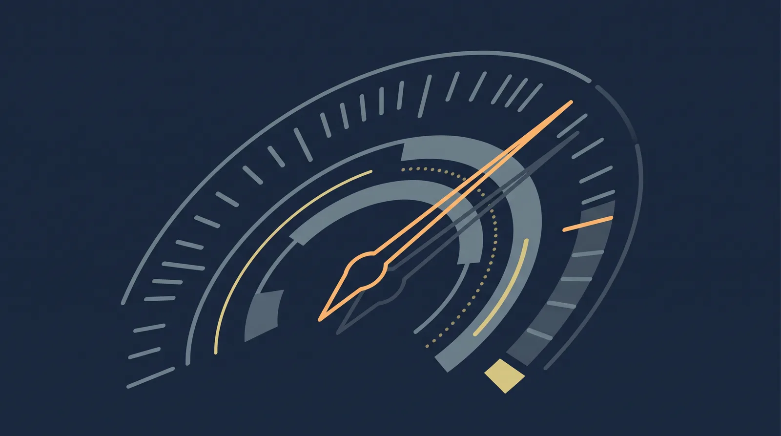 Editorial close-up illustration showing a speedometer gauge with a resting needle, clean tick marks and small trailing dots.