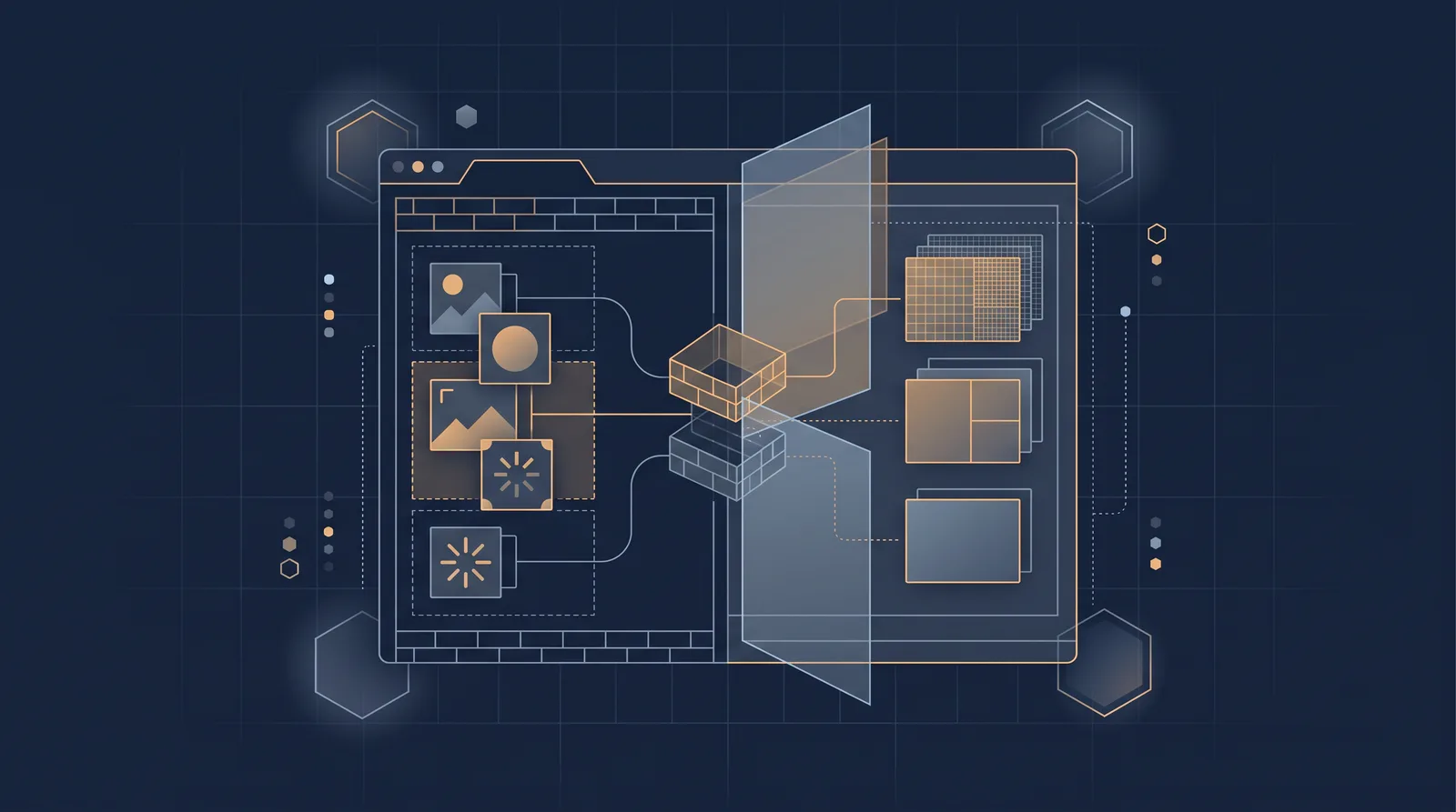 Flat editorial illustration showing wireframe bricks and translucent layer panels assembling into a small browser window outline with dual panes.