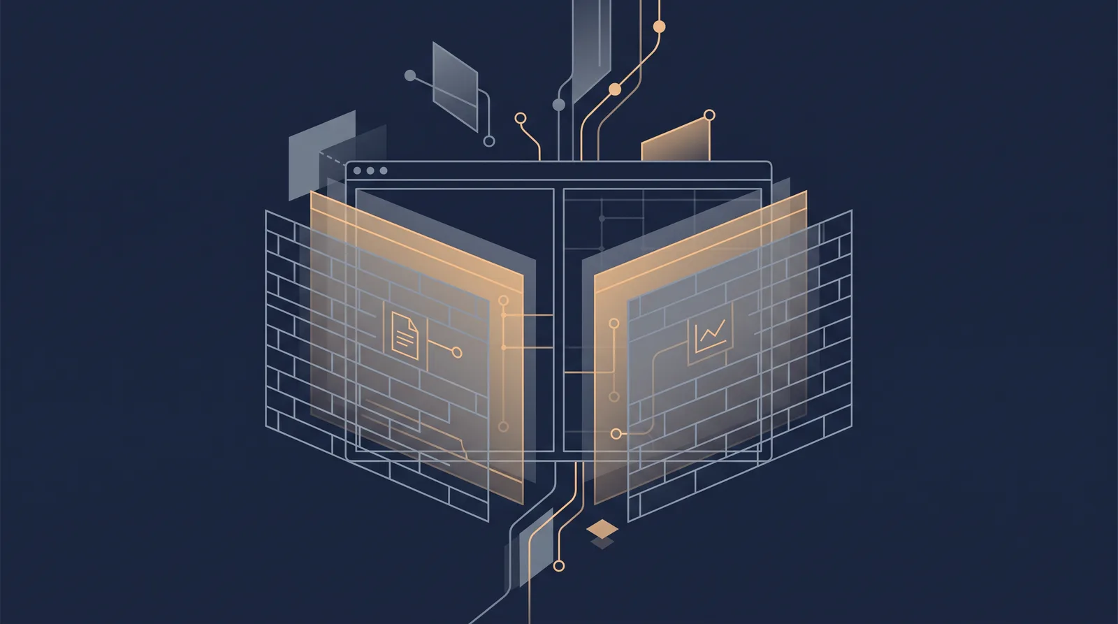 Editorial close-up illustration showing wireframe bricks and translucent layer panels assembling into a small browser window outline with dual panes.