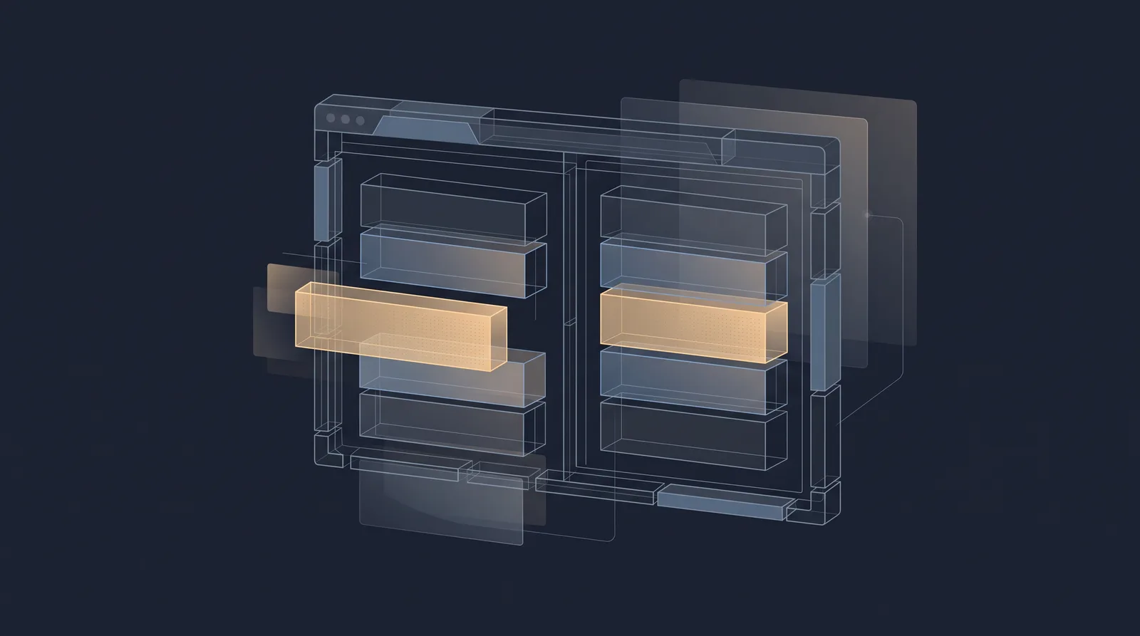 Flat editorial illustration showing wireframe bricks and translucent layer panels assembling into a small browser window outline with dual panes.
