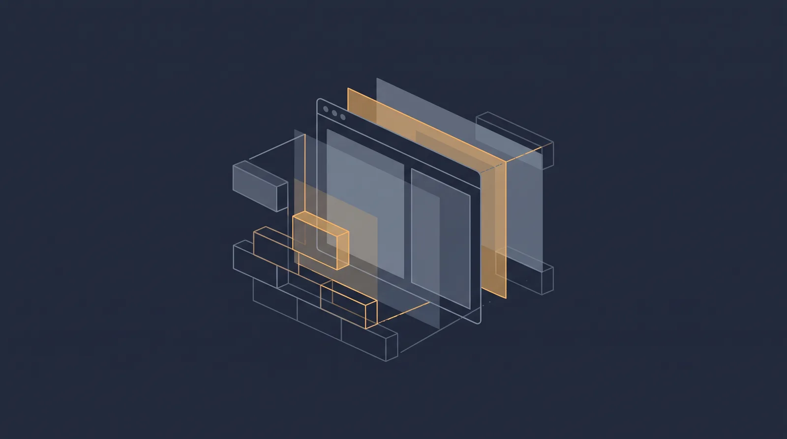 Editorial close-up illustration showing wireframe bricks and translucent layer panels assembling into a small browser window outline with dual panes.