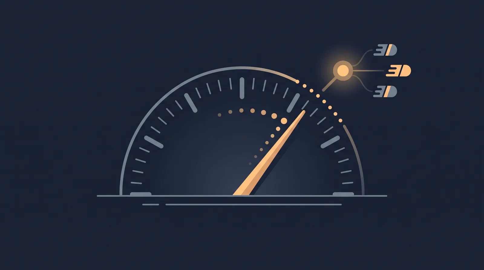 Flat editorial illustration showing a speedometer gauge with a rising needle, clean tick marks and small trailing dots.