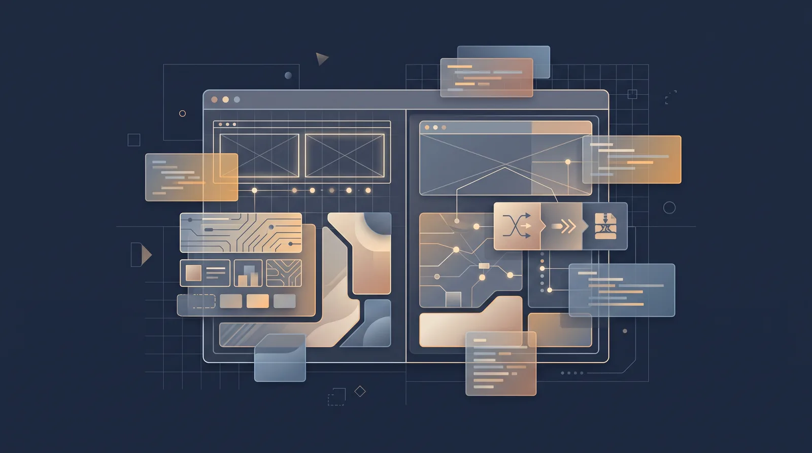 Flat editorial illustration showing wireframe bricks and translucent layer panels assembling into a small browser window outline with dual panes.