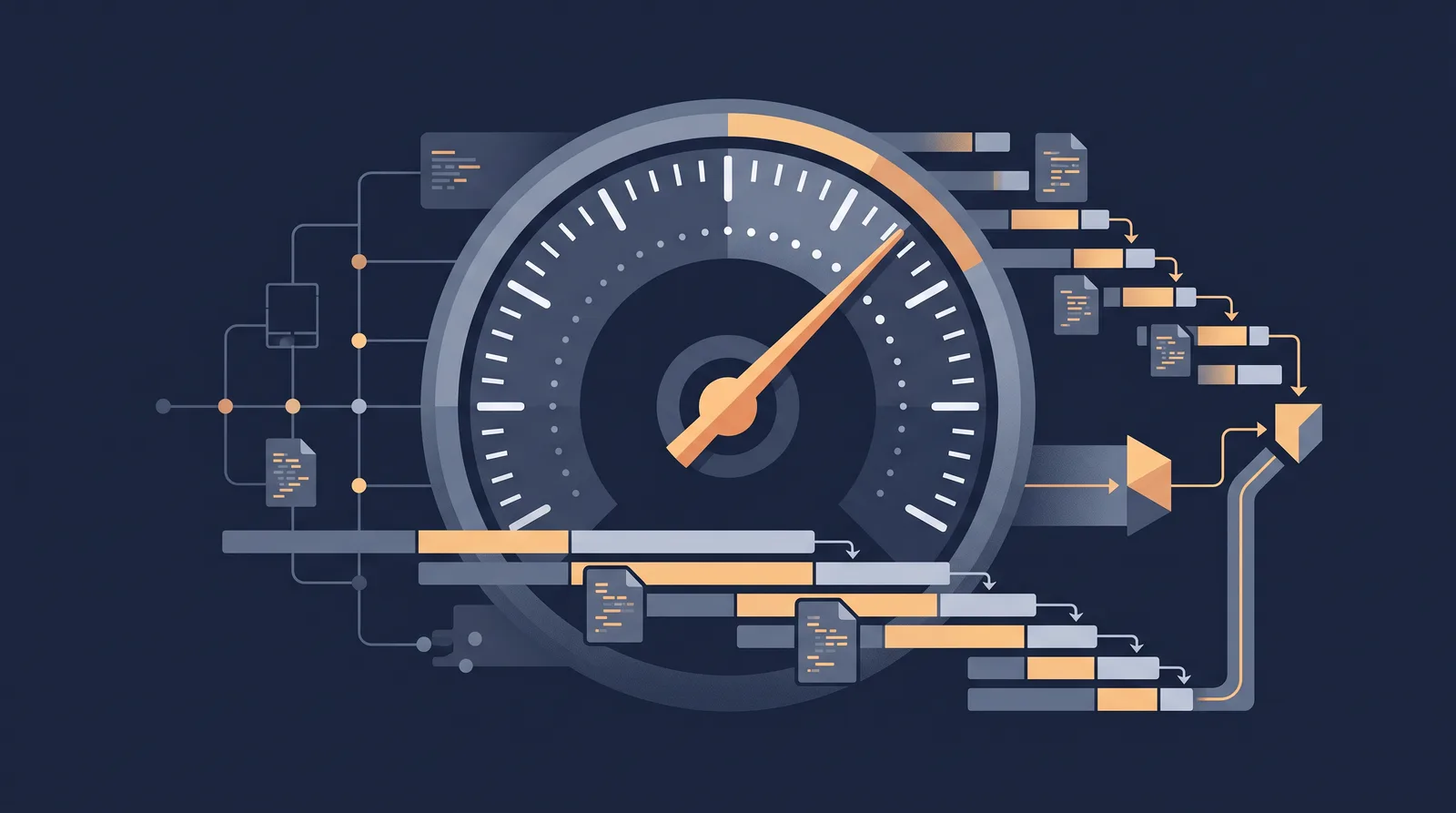 Flat editorial illustration showing a speedometer gauge with a rising needle, clean tick marks and small trailing dots.