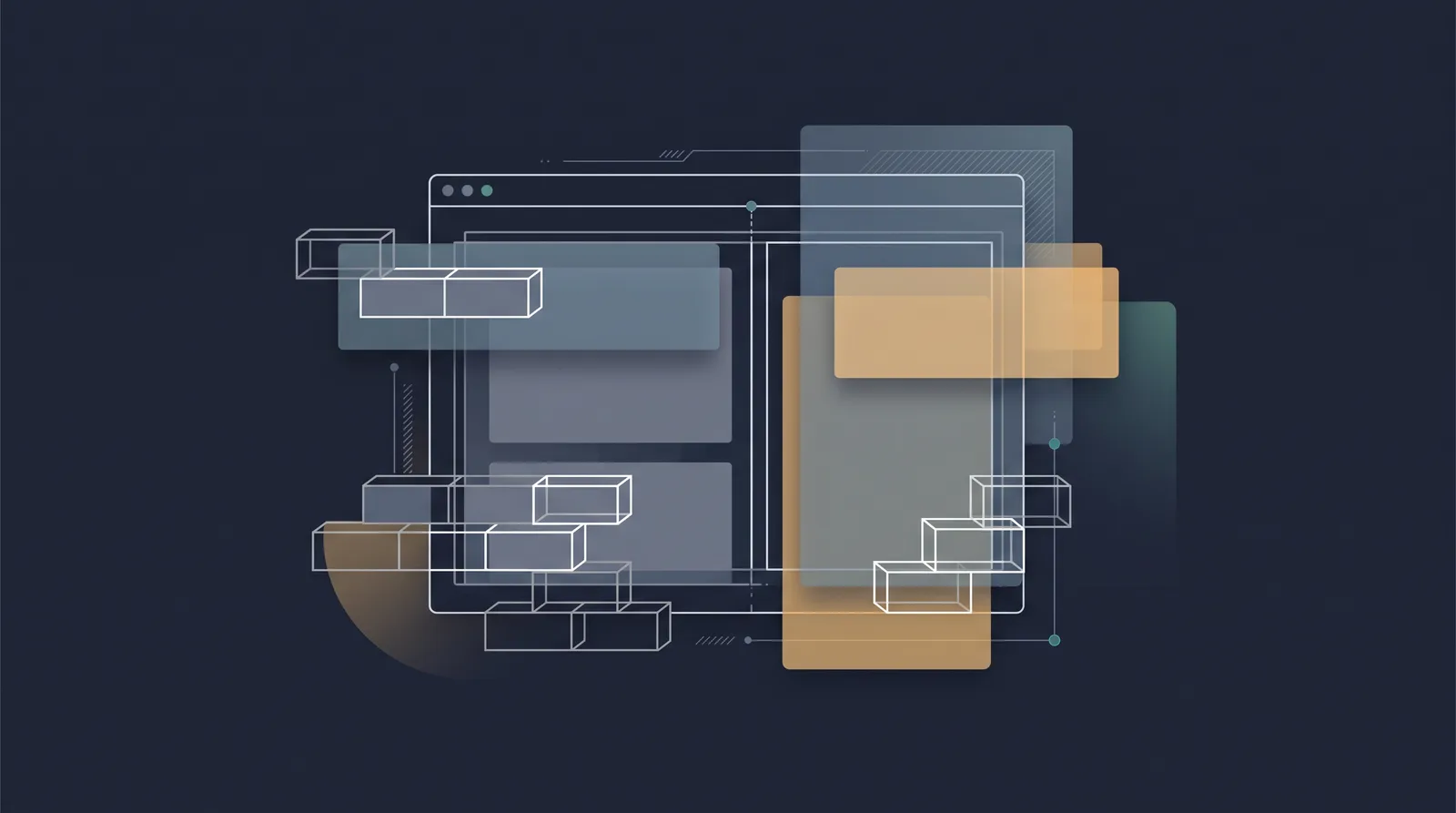 Flat editorial illustration showing wireframe bricks and translucent layer panels assembling into a small browser window outline with dual panes.