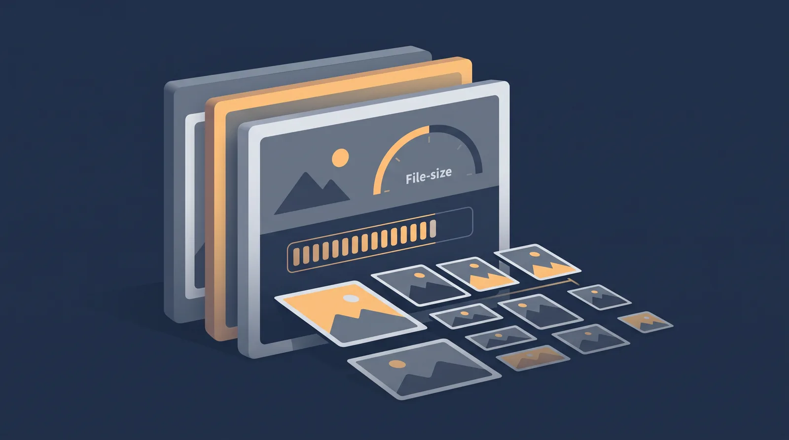 Flat editorial illustration showing layered photo frames with a visible file-size meter and a compression bar, grid of thumbnails receding.